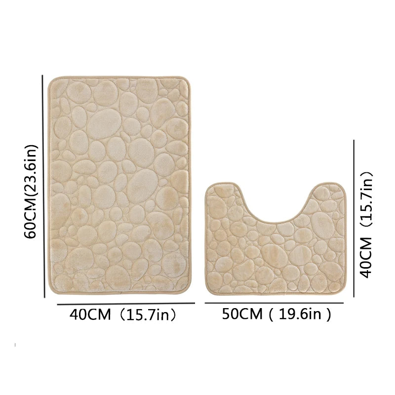 2-Piece Coral Velvet Bathroom Mat Set Pebble Embroidered U-Shaped Toilet Rug Absorbent Non-Slip Door Mat Home Decor