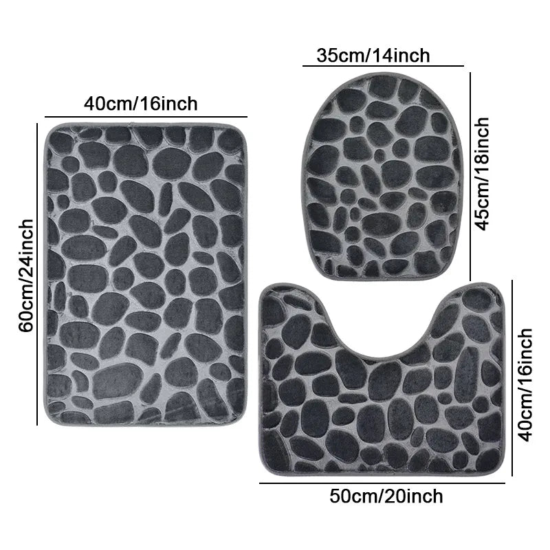 3-Piece Bathroom Mat Set Solid Color Stone Pattern Soft Comfortable Water-Absorbing Non-Slip Floor Rugs