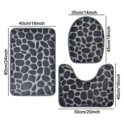 3-Piece Bathroom Mat Set Solid Color Stone Pattern Soft Comfortable Water-Absorbing Non-Slip Floor Rugs