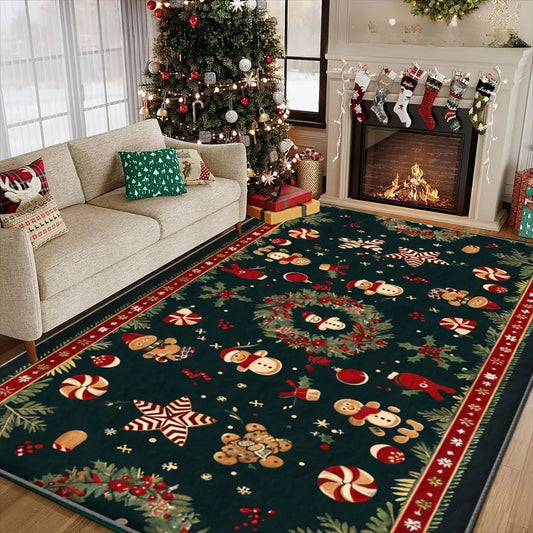 Red Green Christmas Rug Gingerbread Man Reindeer Snowflake Vintage Border Non-Slip Carpet Living Room Home Decor