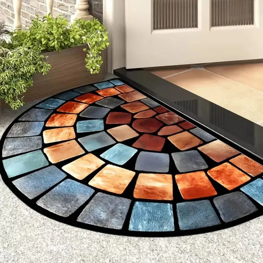 VIKAMA Vintage Half Circle Doormat Mosaic Non-Slip Absorbent Entry Rug Home Decor