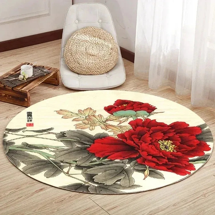 VIKAMA Lotus Peony Round Non-Slip Area Rug