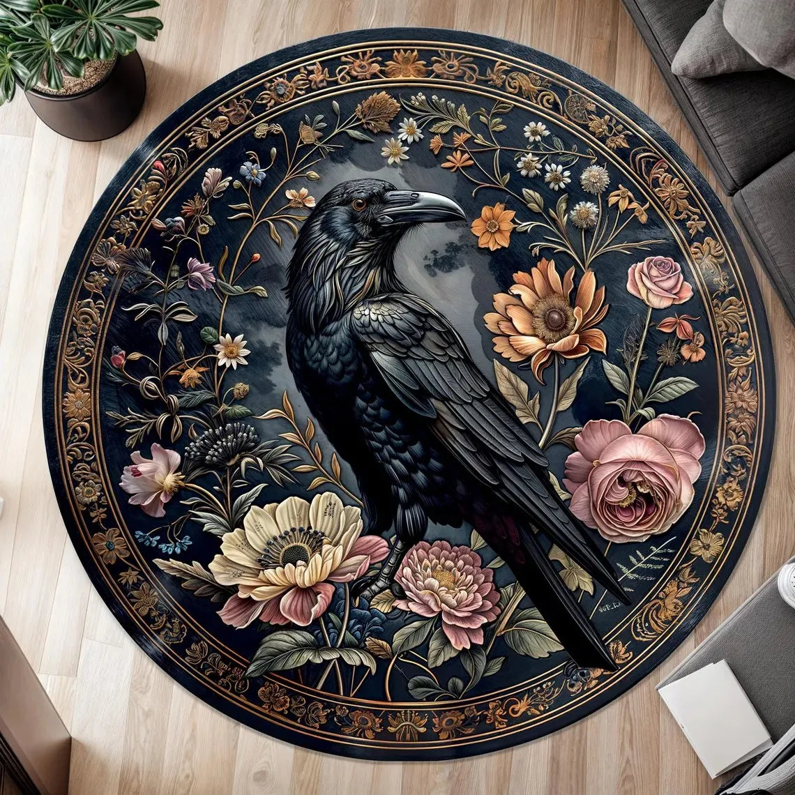 Boho Cockatoo Floral Round Rug