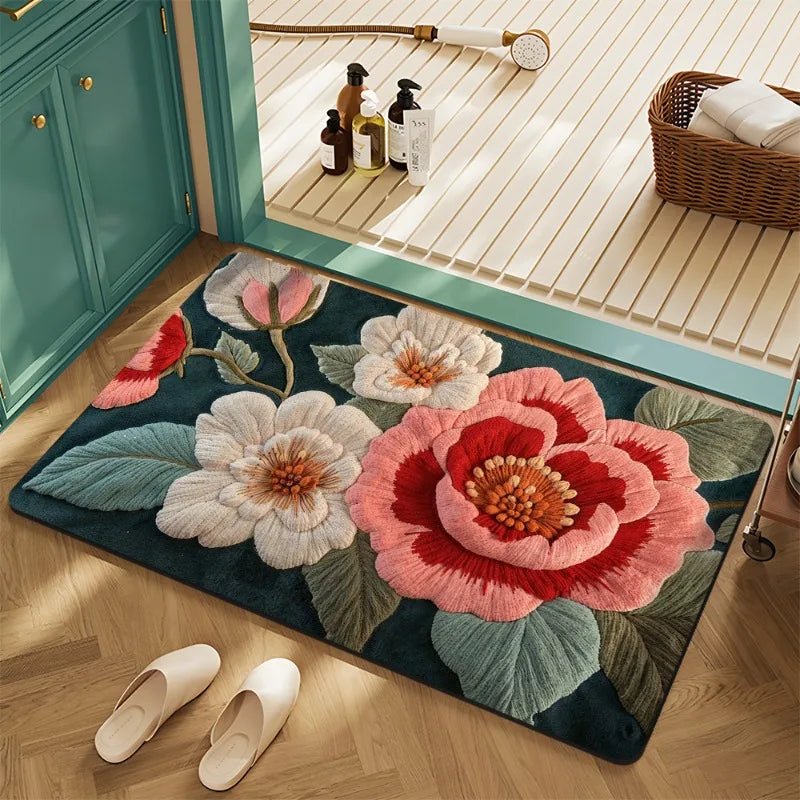 Floral Succulent 3D Embossed Non-Slip Absorbent Door Mat Bathroom Entryway Rug Home Decor