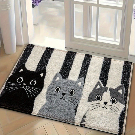 VIKAMA Striped Cartoon Cat Rug Soft Waterproof Non-Slip Doormat Bedroom Living Room Outdoor Floor Carpet Home Decor