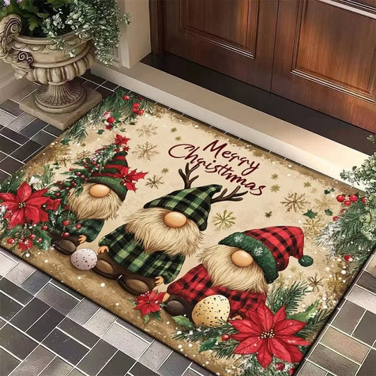 Merry Christmas Flannel Door Mat Printed Absorbent Machine Washable Foot Mat Holiday Decoration