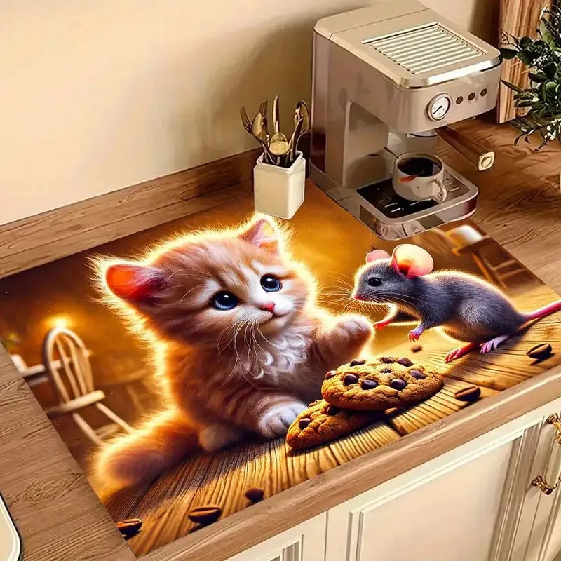 Cute kitten absorbent kitchen drying mat