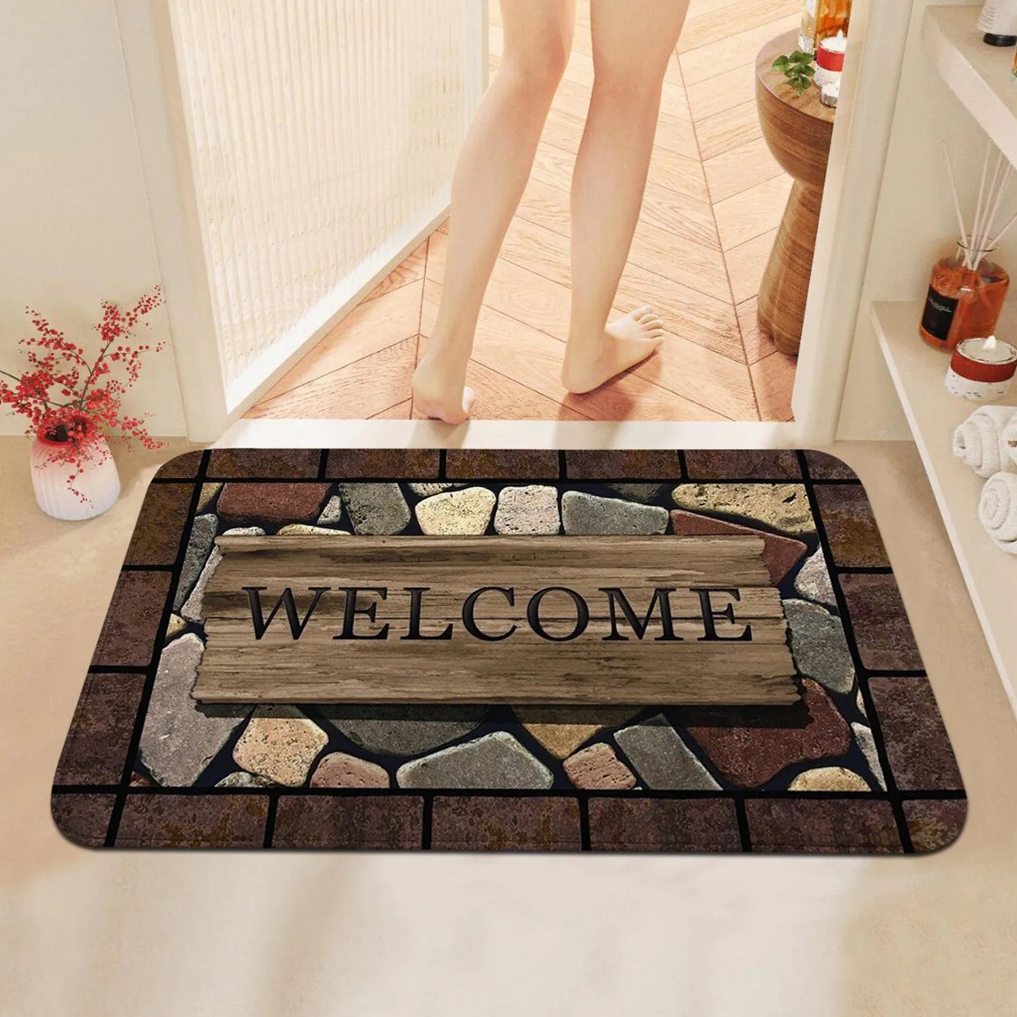 Floral & Letter Graphic Door Mat Non-Slip Welcome Rug Bath Kitchen Garden Small Carpet Home Decor Mat