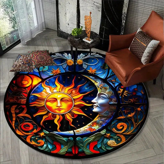 Vintage Celestial Sun Moon Round Carpet Mat Star Map Earth Design Rug Living Room Bedroom Home Decor
