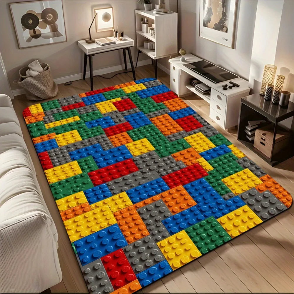 Colorful Building Blocks Rug Creative Puzzle Design Non-Slip Carpet Kids Room Playroom Living Room Bedroom Home Decor