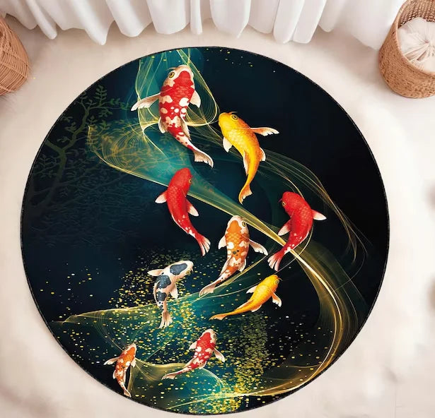 Japanese Koi Fish Round Rug Zen Style Non-Slip Carpet Living Room Bedroom Home Decor
