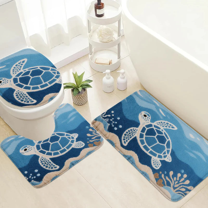 Ocean themed floor mat set, bathroom anti slip mat, shower room small carpet, toilet seat mat, door mat, decorative mat