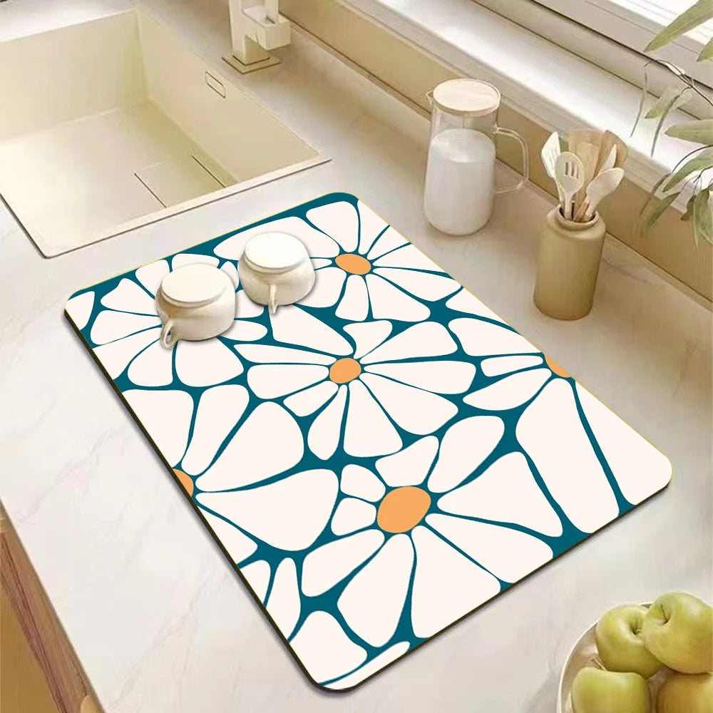 Abstract floral absorbent kitchen drying mat