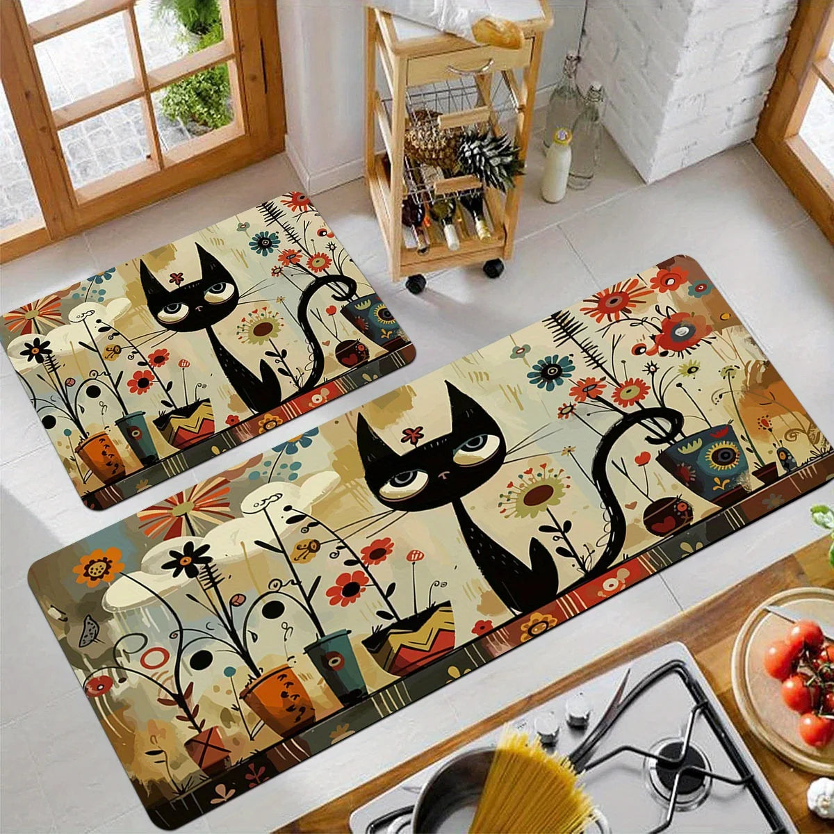 VIKAMA Black Cat Pattern Rug Waterproof Non-Slip Kitchen Long Carpet Bathroom Bedroom Living Room Floor Mat Home Decor