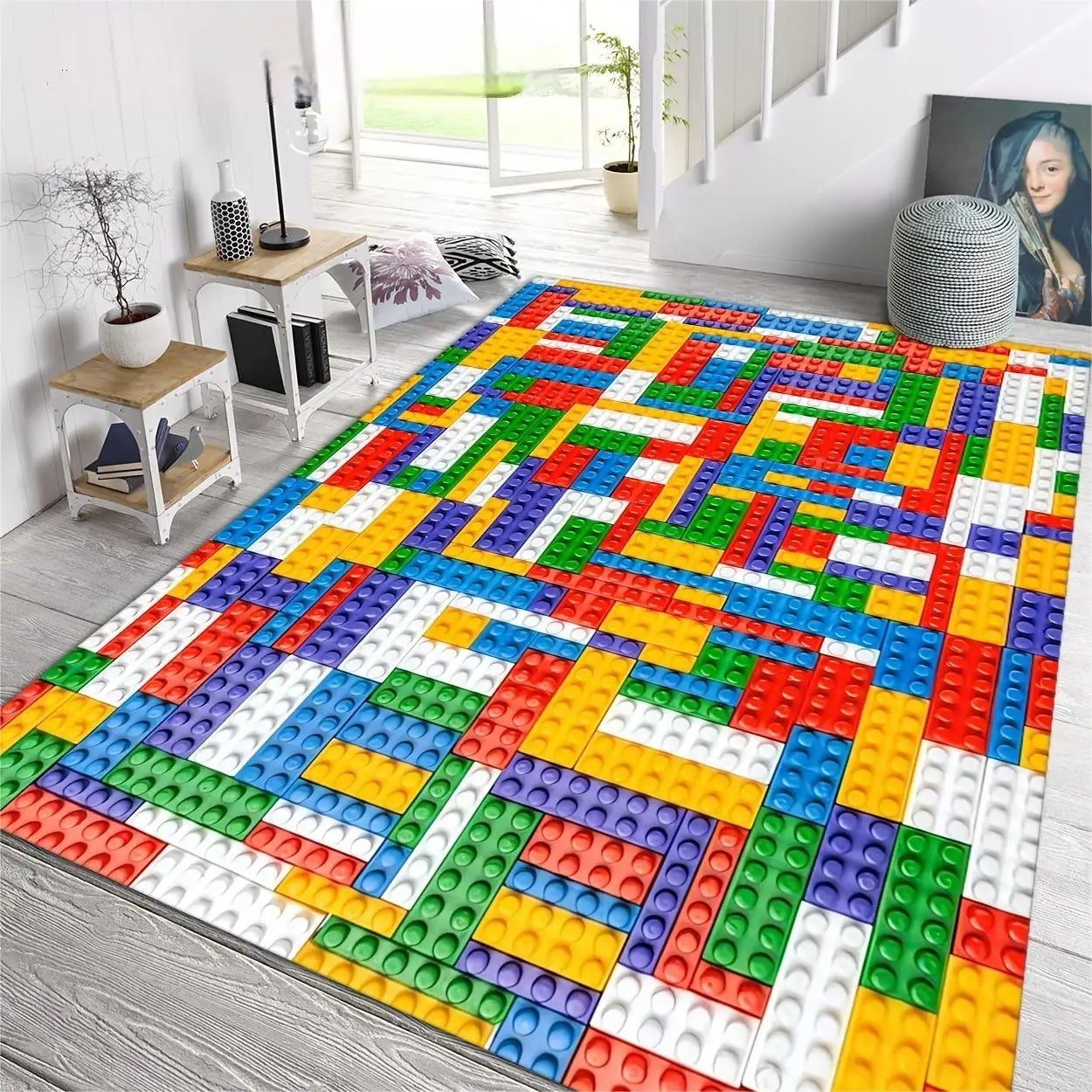 Colorful Building Blocks Rug Creative Puzzle Design Non-Slip Carpet Kids Room Playroom Living Room Bedroom Home Decor