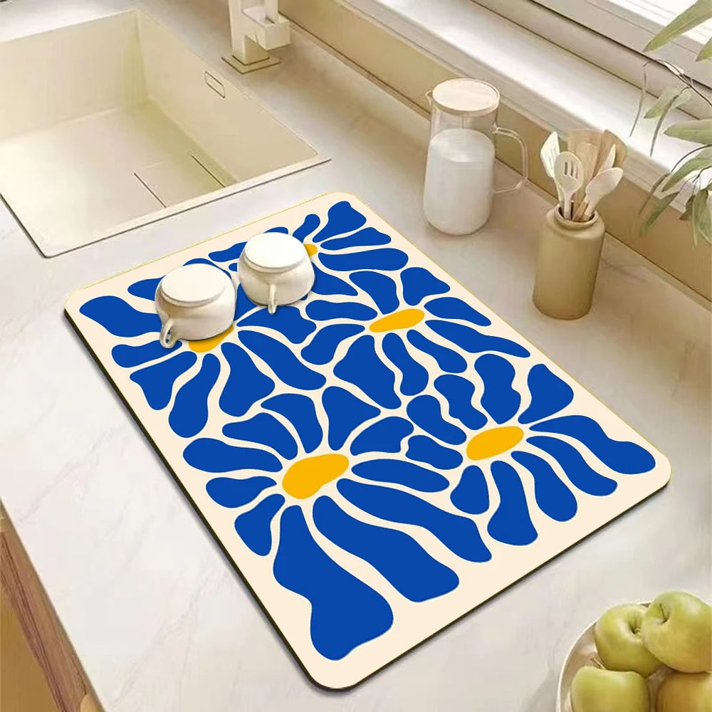 Abstract floral absorbent kitchen drying mat