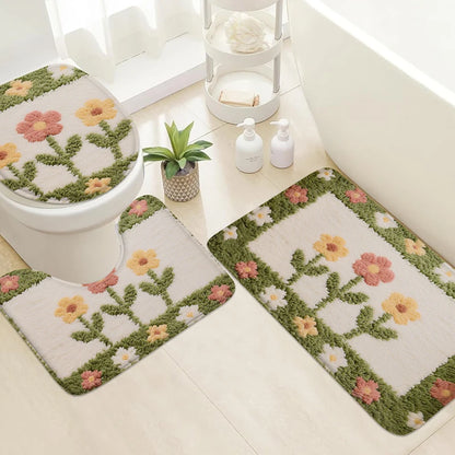 Daisy Flower Printed Floor Mat Set Non-Slip Bathroom Shower Rug Toilet Seat Cushion Door Mat Machine Washable Home Decor
