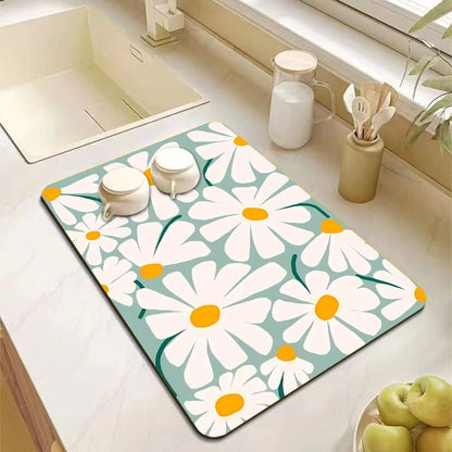 Abstract floral absorbent kitchen drying mat