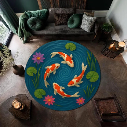 Japanese Koi Fish Round Rug Zen Style Non-Slip Carpet Living Room Bedroom Home Decor