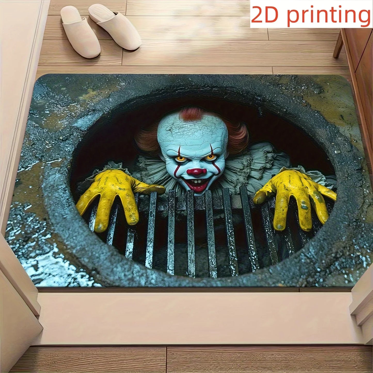 VIKAMA Halloween Clown Doormat Manhole Design Non-Slip Entryway Rug Horror Theme Decor