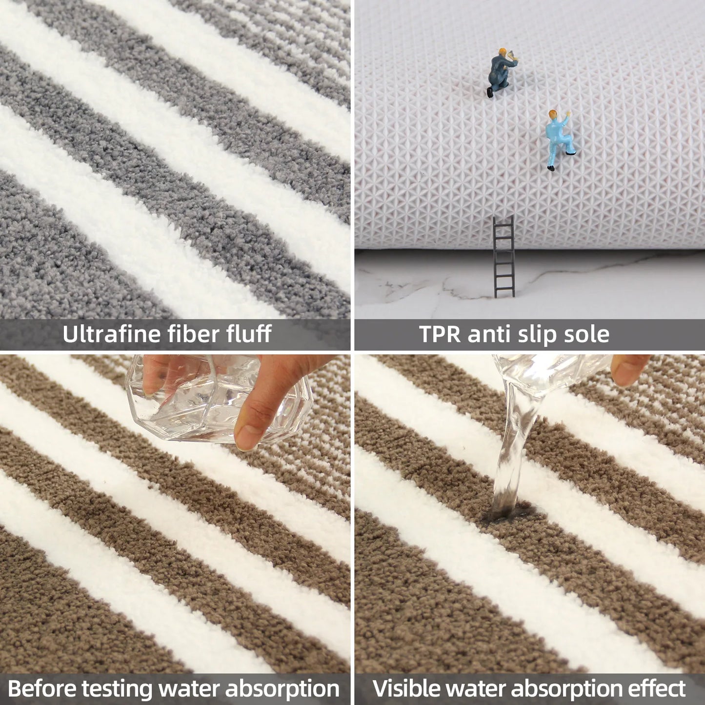 2-Piece Striped Microfiber Bathroom Mat Set Waterproof Non-Slip Quick-Dry TPR Backing Machine Washable Carpet