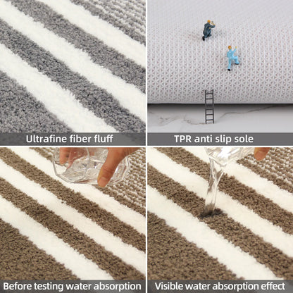 2-Piece Striped Microfiber Bathroom Mat Set Waterproof Non-Slip Quick-Dry TPR Backing Machine Washable Carpet