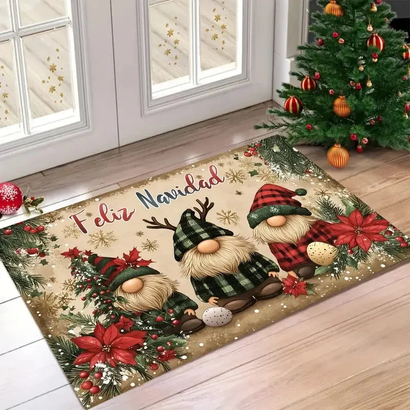 Christmas Gnome Plaid Rug “Merry Christmas” Red Black Checkered Non-Slip Carpet Snowflake Pine Entryway Floor Mat Home Decor