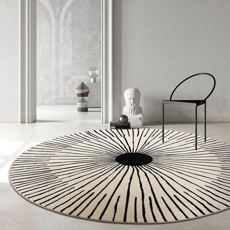 European Style Round Rug Black White Geometric Pattern Non-Slip Carpet Living Room Bedroom Home Decor