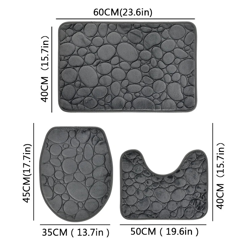 3-Piece Bathroom Mat Set Solid Color Stone Pattern Soft Comfortable Water-Absorbing Non-Slip Floor Rugs