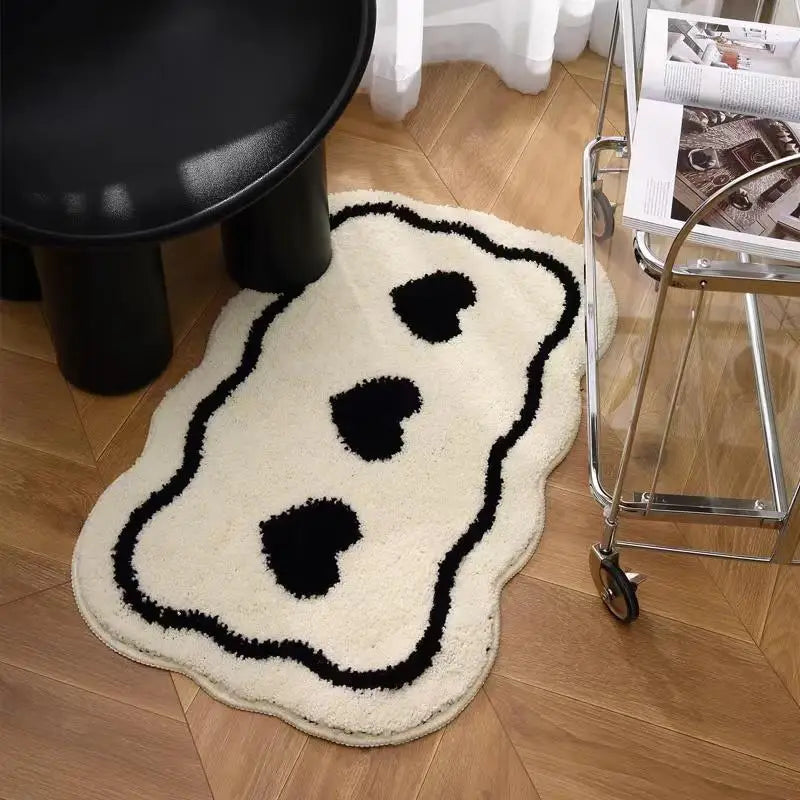 VIKAMA Black White Plush Entry Mat Non-Slip Wear-Resistant Bathroom Door Carpet
