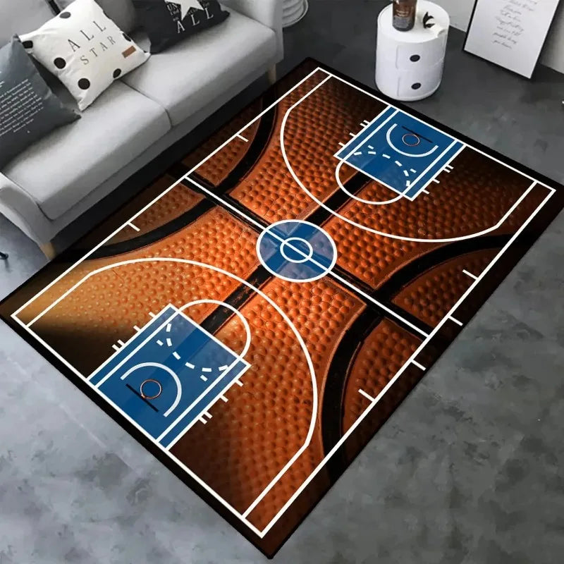 Basketball Court Design Rug Blue Orange Red Non-Slip Carpet Sports Theme Floor Mat Living Room Bedroom Home Decor
