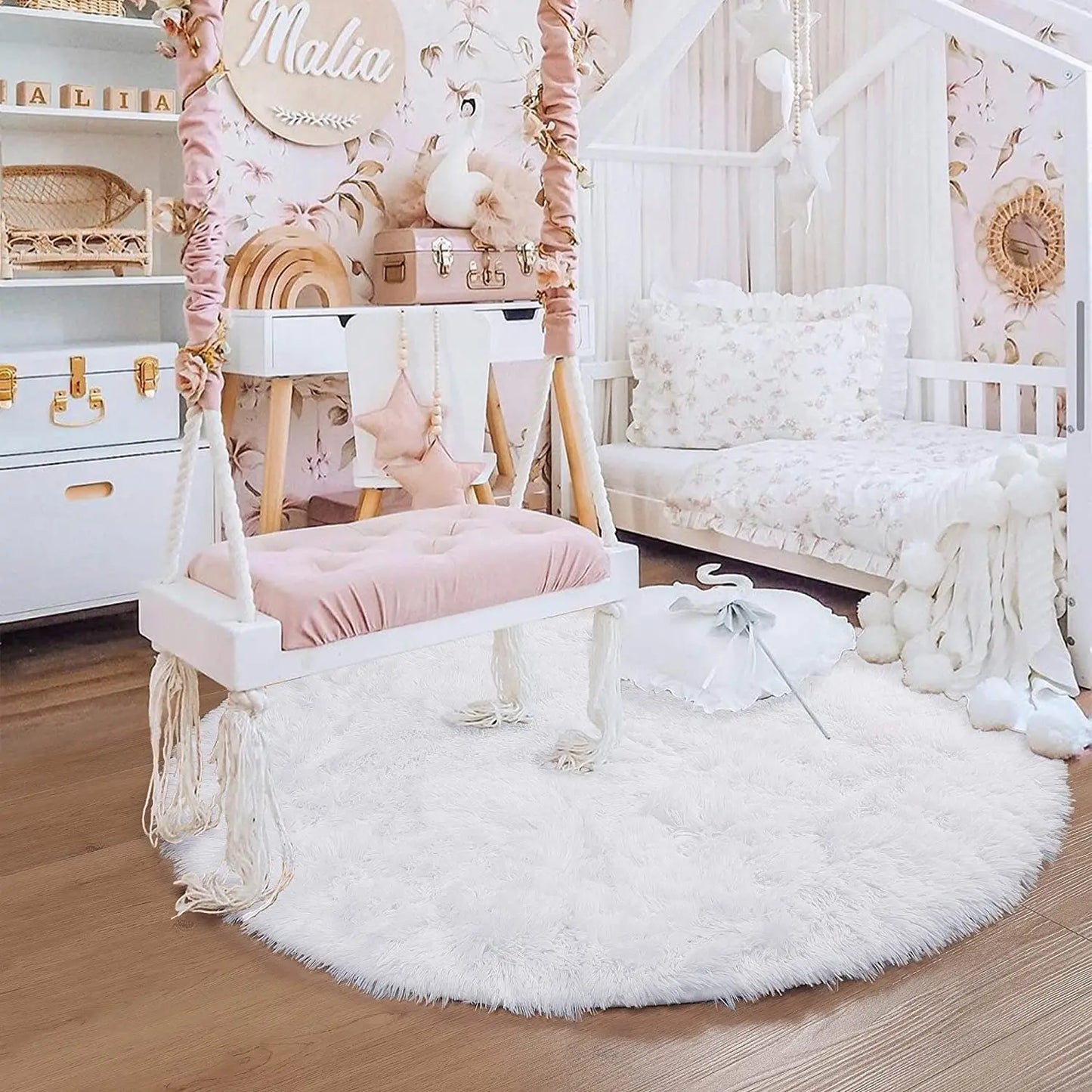 Pink Fluffy Round Girls Area Rug