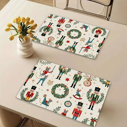 VIKAMA 4PCS Nutcracker Christmas Placemat Cartoon Mouse Wreath Clock Print Table Mat Decoration