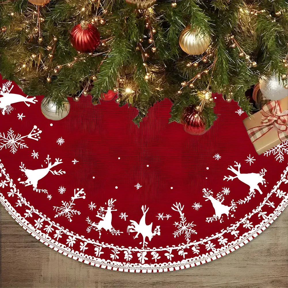 VIKAMA Christmas Tree Skirt Festive Red Reindeer Snowflake Family Living Room Christmas Tree Skirt Mat Christmas Decoration