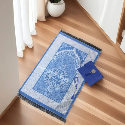 Muslim prayer rug set with beads and bag