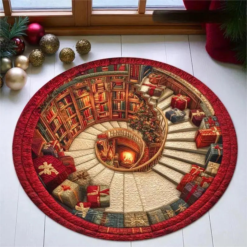 Christmas 3D Illusion Round Rug Santa Snow Scene Non-Slip Floor Mat Living Room Xmas Party Decor