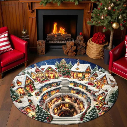 Christmas 3D Illusion Round Rug Santa Snow Scene Non-Slip Floor Mat Living Room Xmas Party Decor