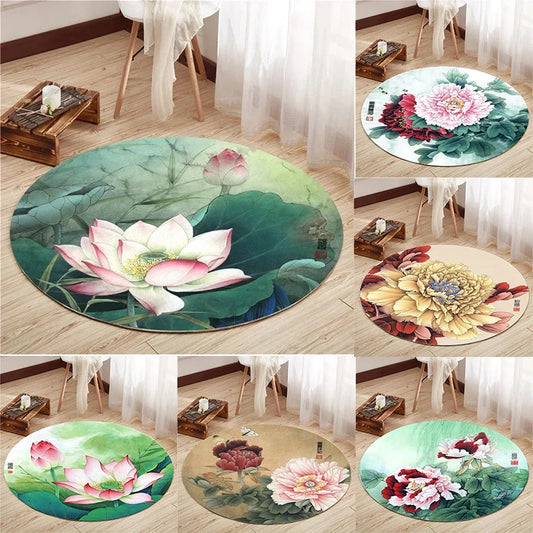 VIKAMA Lotus Peony Round Non-Slip Area Rug