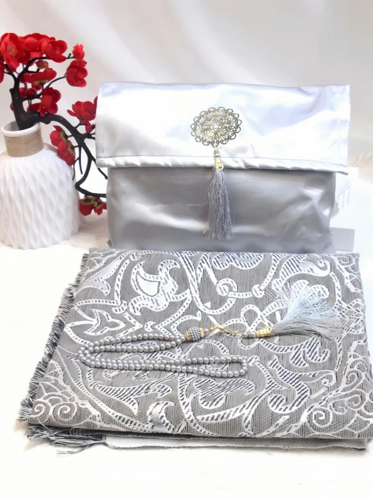 Muslim prayer rug set with beads and bag