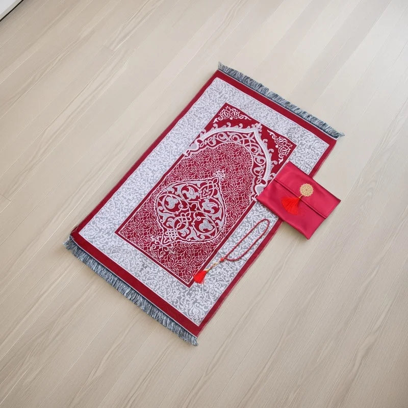 Muslim prayer rug set with beads and bag