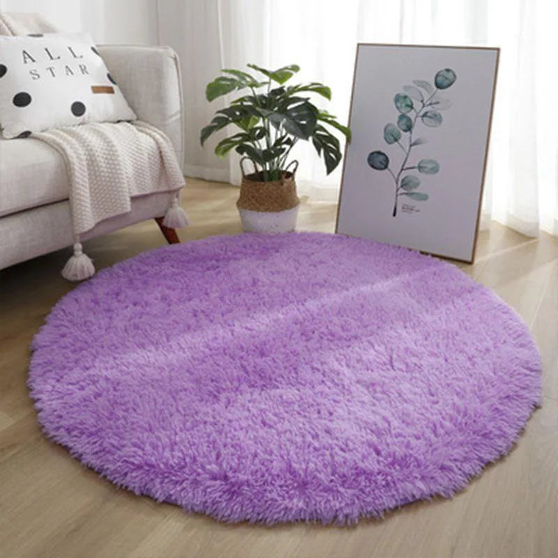 Fluffy round shaggy bedroom rug for girls room