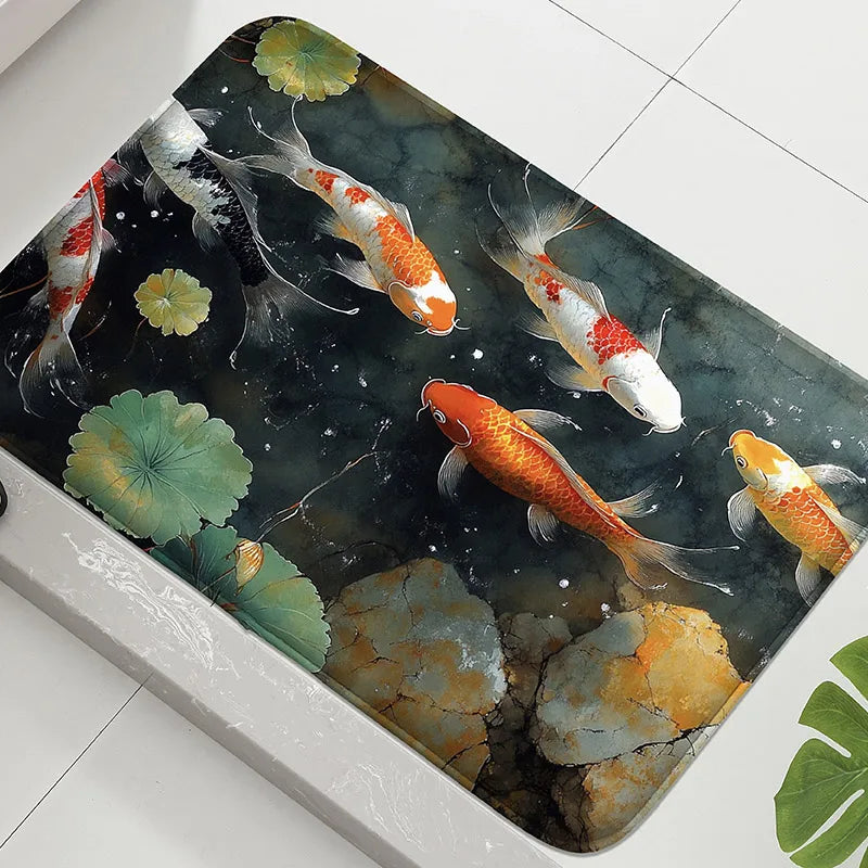 Koi Fish Print Bathroom Mat Non-Slip Absorbent Foot Rug Shower Room Door Carpet Home Decor