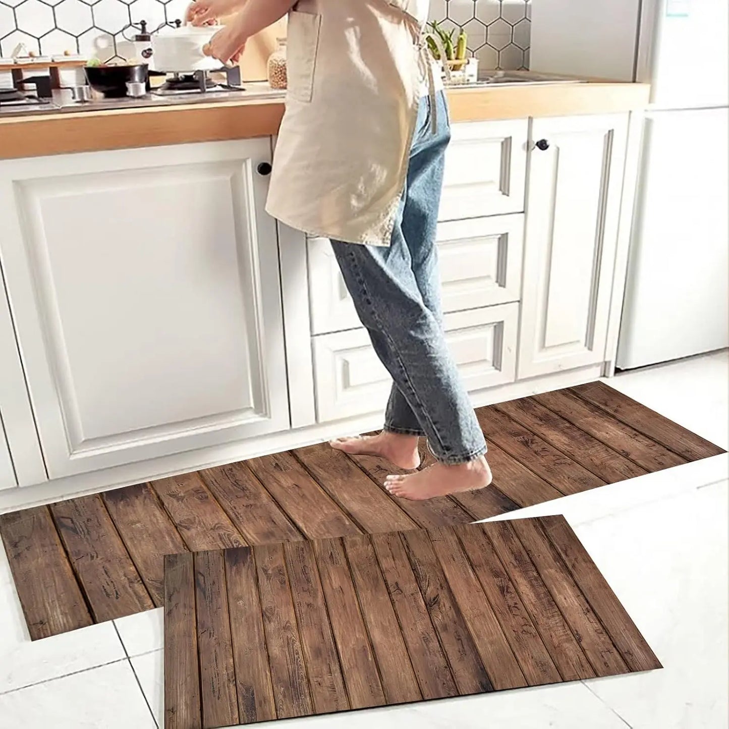 VIKAMA Vintage Wooden Non-Slip Kitchen Floor Mat Set