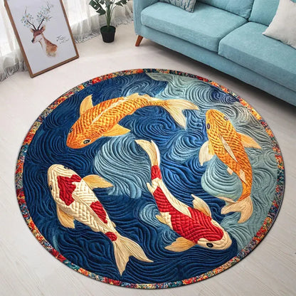 Japanese Koi Fish Round Rug Zen Style Non-Slip Carpet Living Room Bedroom Home Decor