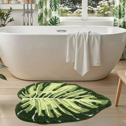 VIKAMA Green Leaf Bath Mat Non-Slip Quick-Dry Washable Bathroom Bedroom Rug Home Decor