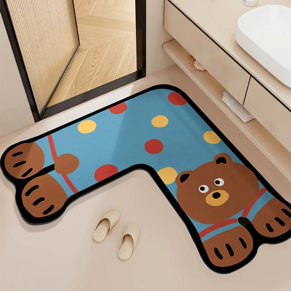 VIKAMA Blue Dog L-Shaped Bath Mat Non-Slip Absorbent Diatomite Kids Bathroom Rug