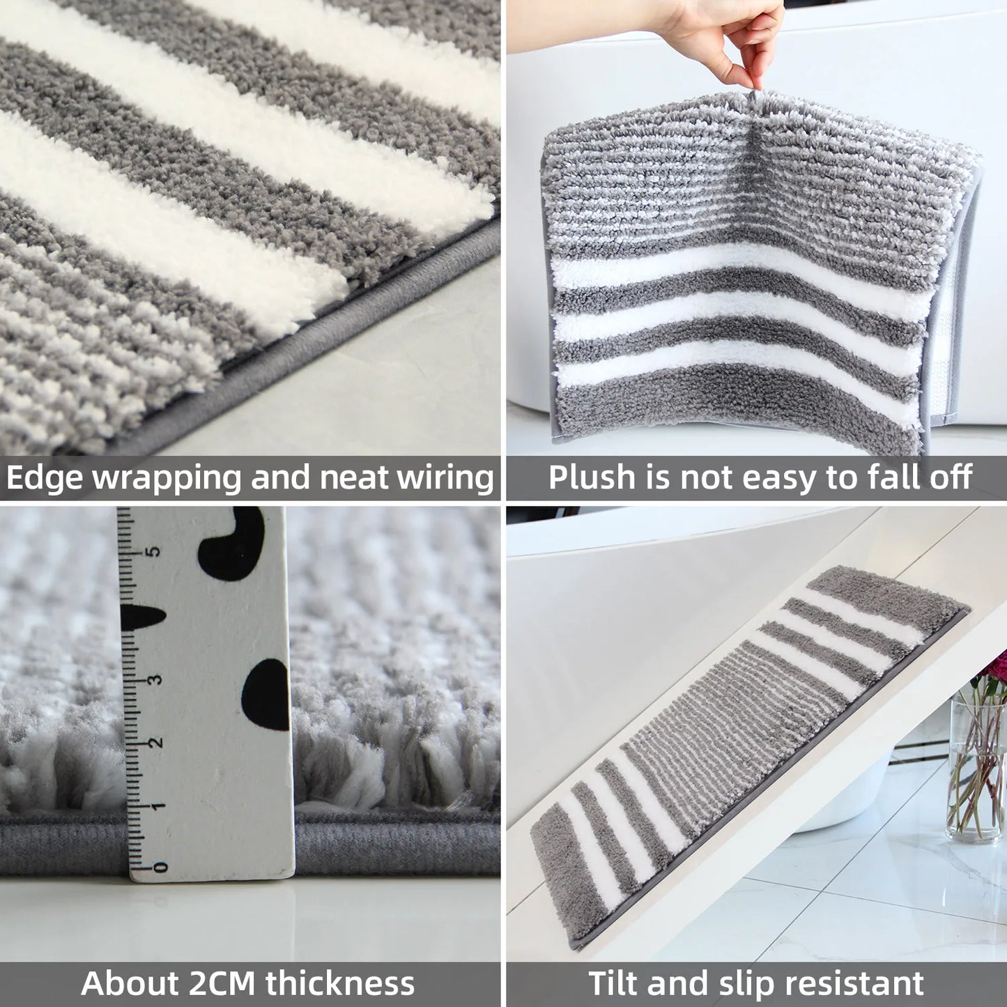 2-Piece Striped Microfiber Bathroom Mat Set Waterproof Non-Slip Quick-Dry TPR Backing Machine Washable Carpet