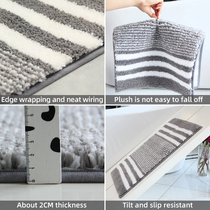 2-Piece Striped Microfiber Bathroom Mat Set Waterproof Non-Slip Quick-Dry TPR Backing Machine Washable Carpet