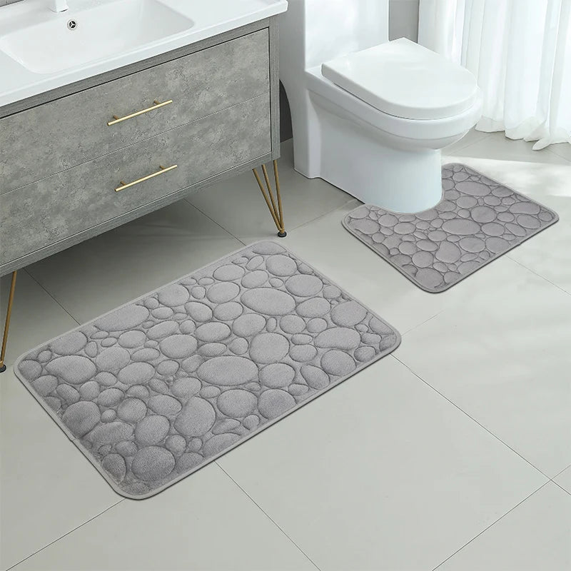 2-Piece Coral Velvet Bathroom Mat Set Pebble Embroidered U-Shaped Toilet Rug Absorbent Non-Slip Door Mat Home Decor
