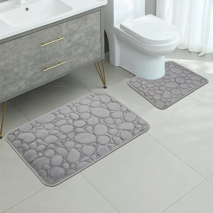 2-Piece Coral Velvet Bathroom Mat Set Pebble Embroidered U-Shaped Toilet Rug Absorbent Non-Slip Door Mat Home Decor